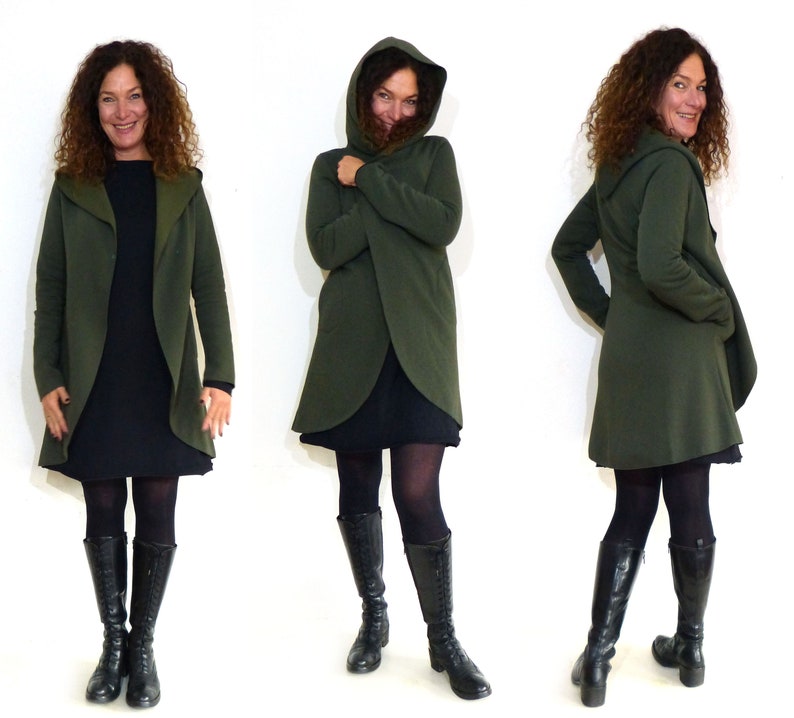 Hooded coat, long with pockets and snap fastener, olive image 3