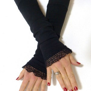 Cuffs, arm warmers, wrist warmers black with wool ruffle image 1