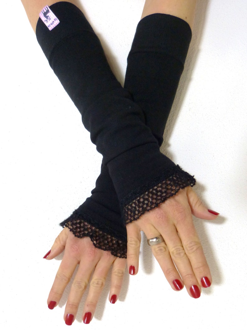 Cuffs, arm warmers, wrist warmers black with wool ruffle image 1