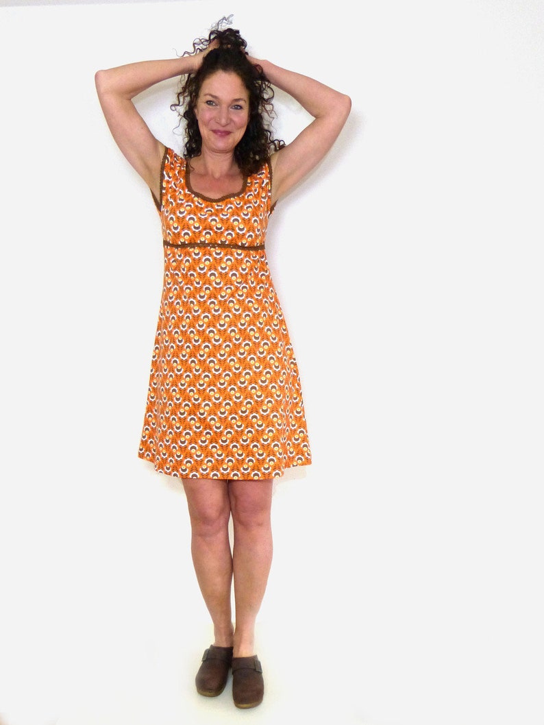 Dress in A-shape, puff sleeves brown, orange ORGANIC image 1