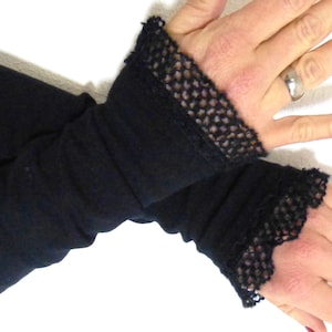 Cuffs, arm warmers, wrist warmers black with wool ruffle image 2