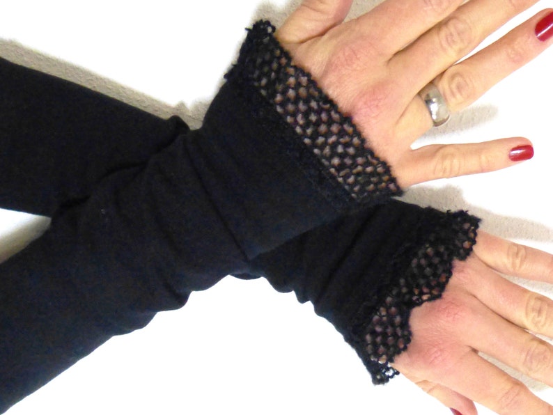 Cuffs, arm warmers, wrist warmers black with wool ruffle image 2