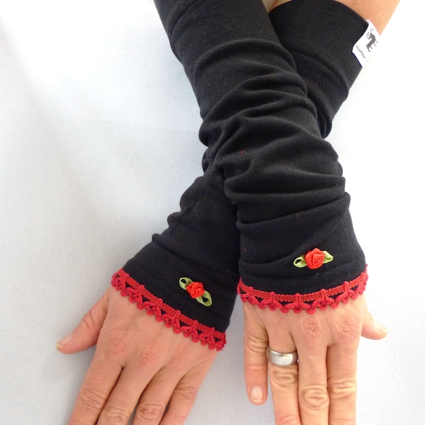 Cuffs, arm warmers, wrist warmers - black with rose