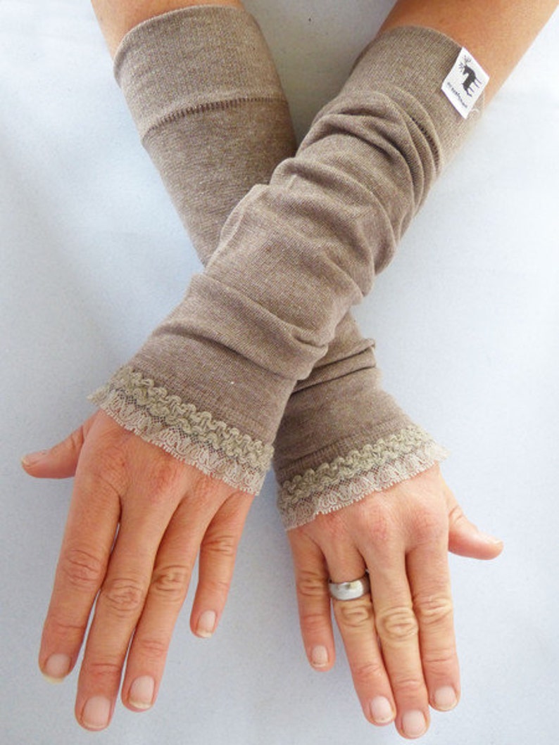 Arm warmers, fingerless gloves in light brown with velvet ruffles image 1