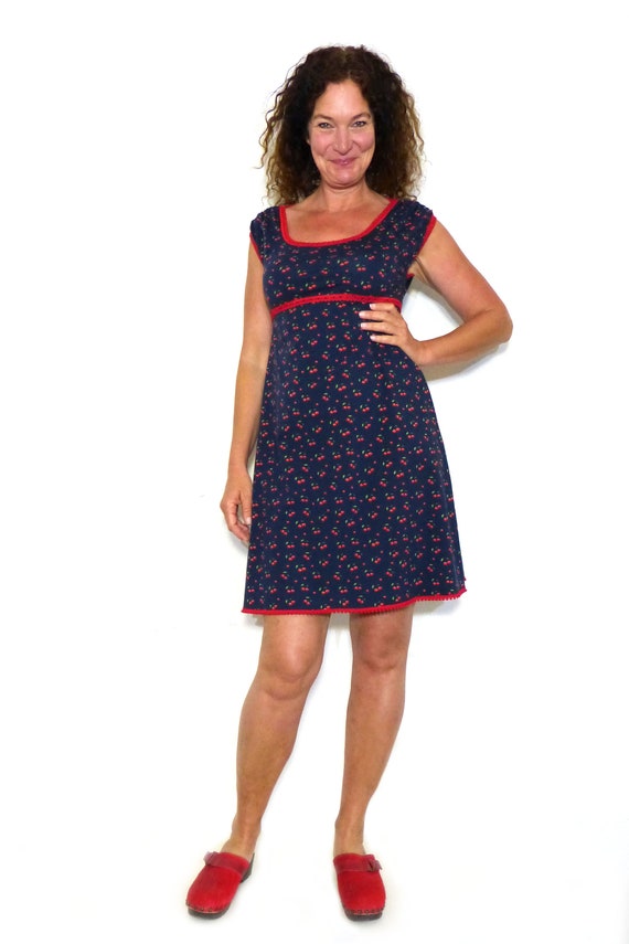 A-Line Dress - Cherry, Puff Sleeves - Blue, Red, Organic