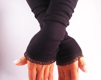 Cuffs, arm warmers, wrist warmers - black with organza ruffles