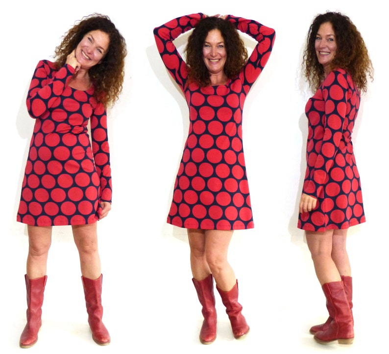 Women's dress, A-shape navy with giant dots in red image 4