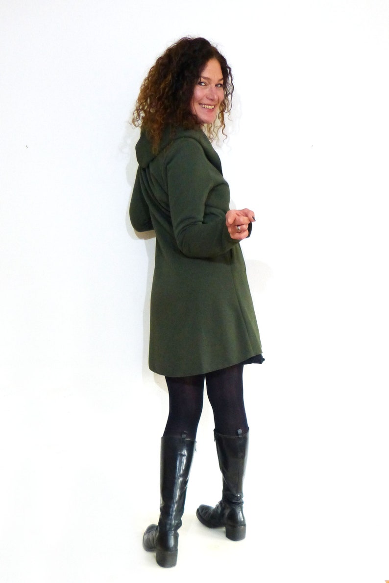 Hooded coat, long with pockets and snap fastener, olive image 2