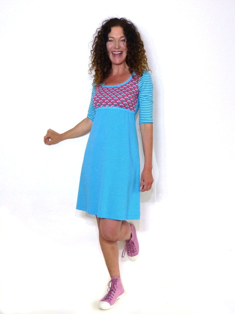 Women's dress 3/4 sleeves, A-shape, empire turquoise, red ORGANIC image 1
