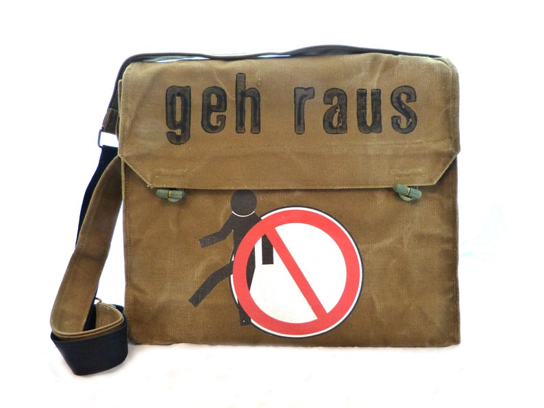 go out, olive, upcycling laptop bag, school bag, shoulder bag for women, shoulder bag for men image 1