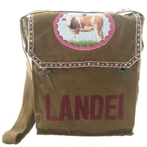 Country bumpkin, recycling bag, olive with cow, women's shoulder bag