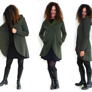 Hooded coat, long with pockets and snap fastener, olive image 4