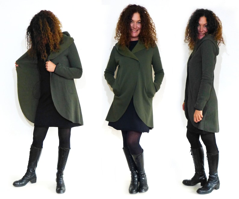 Hooded coat, long with pockets and snap fastener, olive image 4