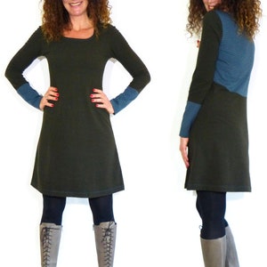 Women's A-shaped dress olive, patterned cotton fleece jersey in petrol, brown stripes image 4