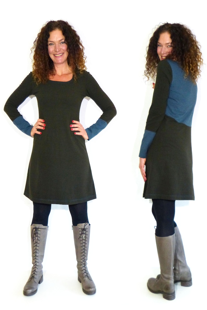 Women's A-shaped dress olive, patterned cotton fleece jersey in petrol, brown stripes image 4