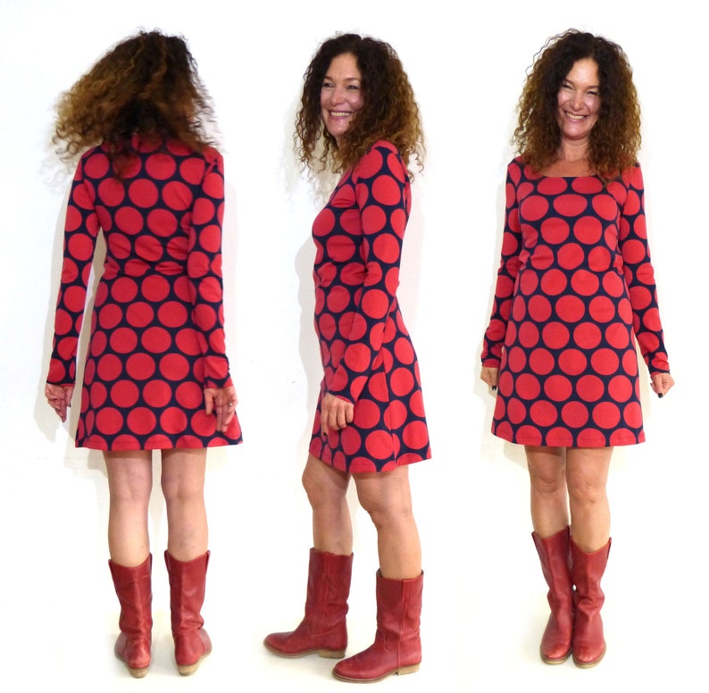 Women's dress, A-shape navy with giant dots in red image 3