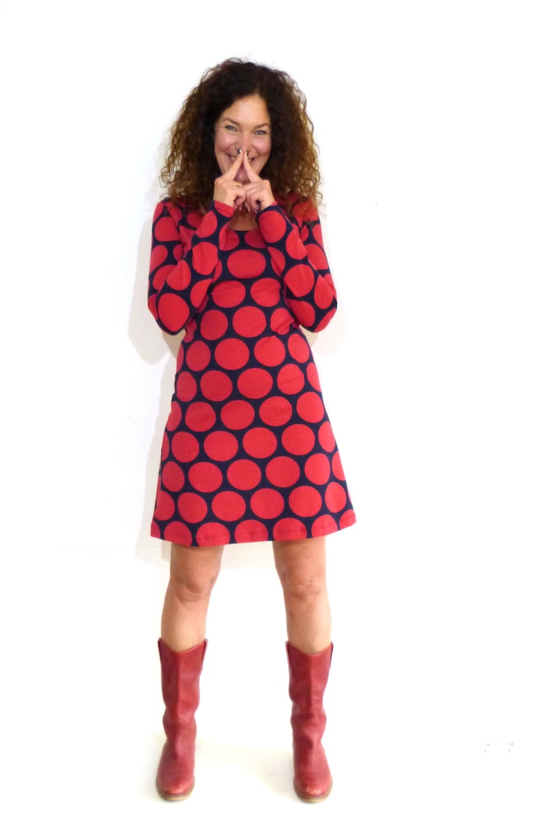 Women's dress, A-shape navy with giant dots in red image 1