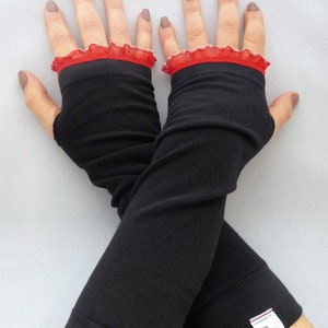 Cuffs, arm warmers with thumb hole black ruffle image 2