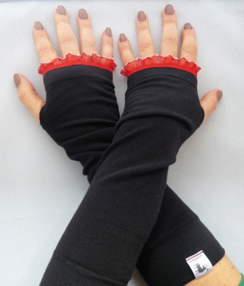 Cuffs, arm warmers with thumb hole black ruffle image 2