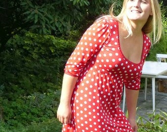 SALE!! Women's dress 3/4 sleeves, A-shape, empire polkadots red, size S