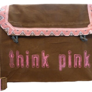 think pink, olive, recycled laptop bag, school bag, shoulder bag for women, shoulder bag for men image 2