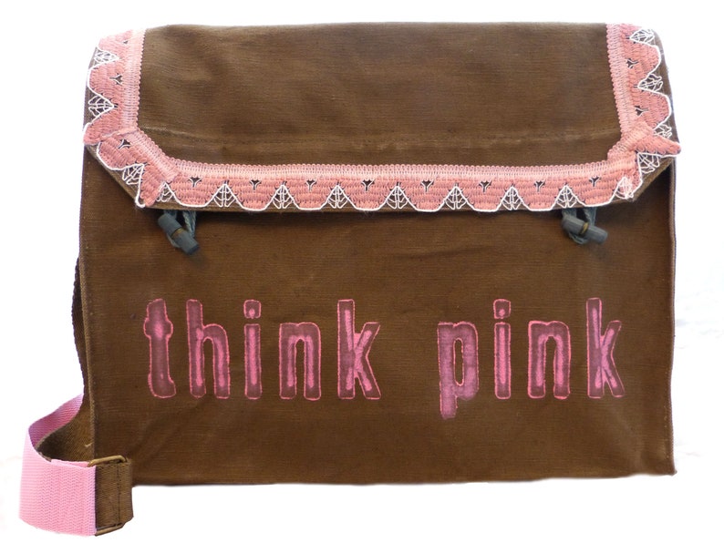 think pink, olive, recycled laptop bag, school bag, shoulder bag for women, shoulder bag for men image 2