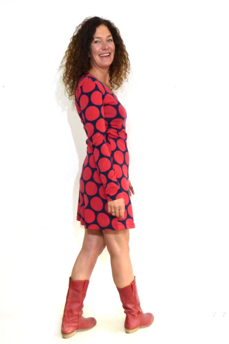 Women's dress, A-shape navy with giant dots in red image 2