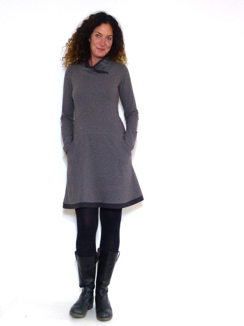 Women's dress with pockets, gray, anthracite with shawl collar image 1