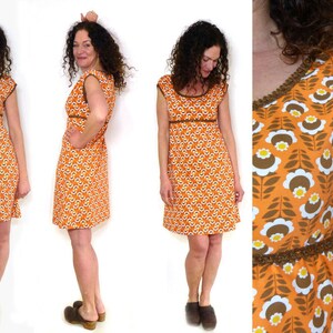 Dress in A-shape, puff sleeves brown, orange ORGANIC image 4