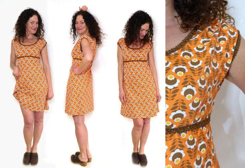 Dress in A-shape, puff sleeves brown, orange ORGANIC image 4