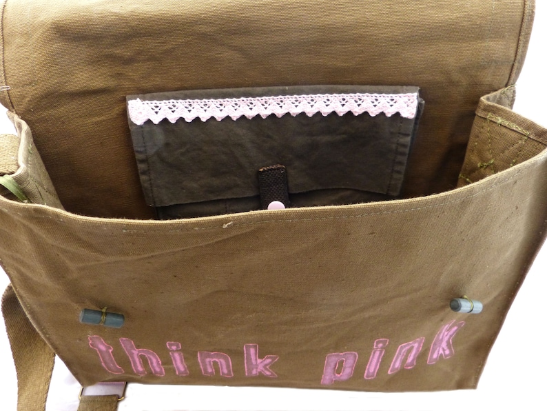 think pink, olive, recycled laptop bag, school bag, shoulder bag for women, shoulder bag for men image 3