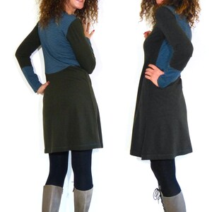 Women's A-shaped dress olive, patterned cotton fleece jersey in petrol, brown stripes image 3