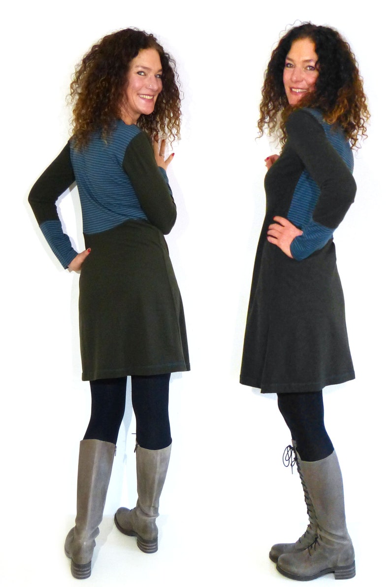 Women's A-shaped dress olive, patterned cotton fleece jersey in petrol, brown stripes image 3