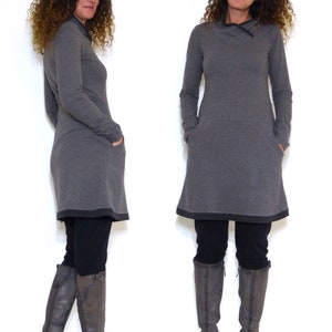 Women's dress with pockets, gray, anthracite with shawl collar image 4