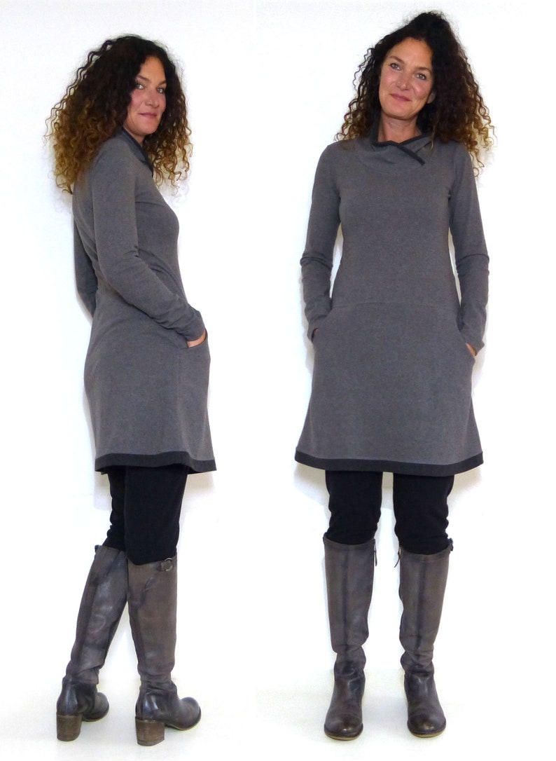 Women's dress with pockets, gray, anthracite with shawl collar image 4