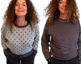 Oversized reversible sweater in gray and black with great seams, one size fits all