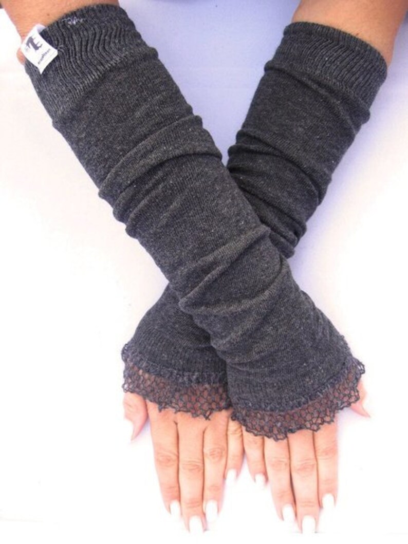 Arm warmers, fingerless gloves in dark gray with wool ruffles image 1