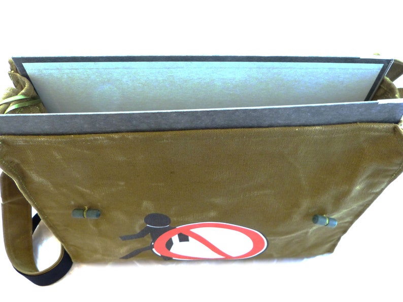 go out, olive, upcycling laptop bag, school bag, shoulder bag for women, shoulder bag for men image 3