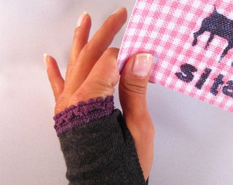 Arm warmers, fingerless gloves with thumb hole in gray with purple trim