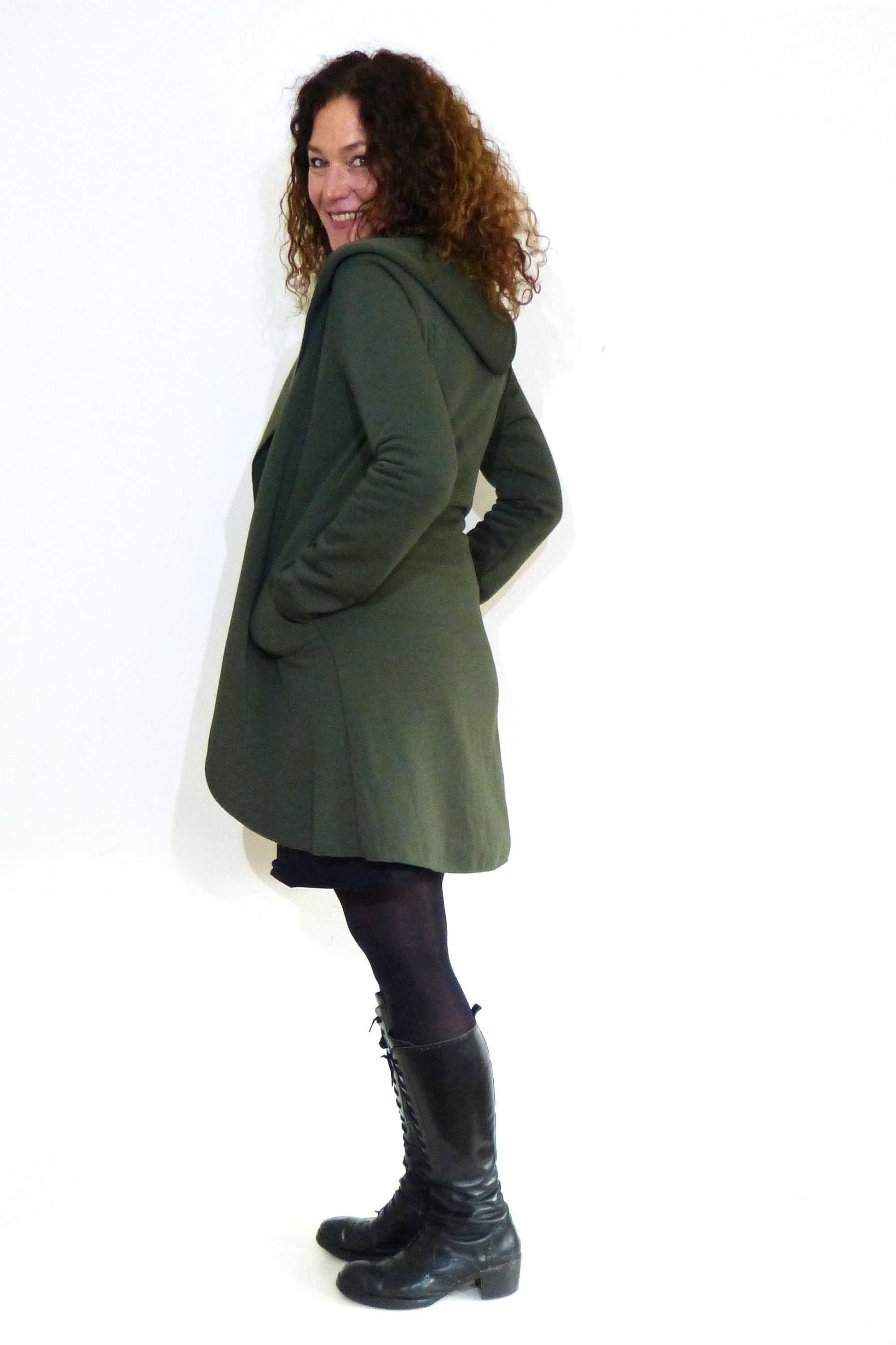 Hooded coat, long - with pockets and snap fastener, olive