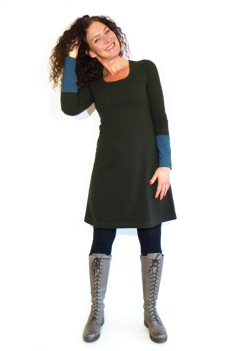 Women's A-shaped dress olive, patterned cotton fleece jersey in petrol, brown stripes image 1
