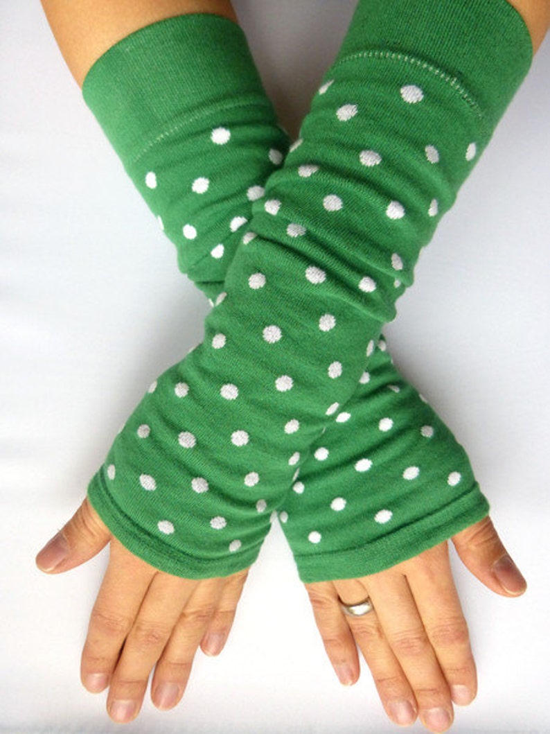 Arm warmers, fingerless gloves in green, white dots image 1