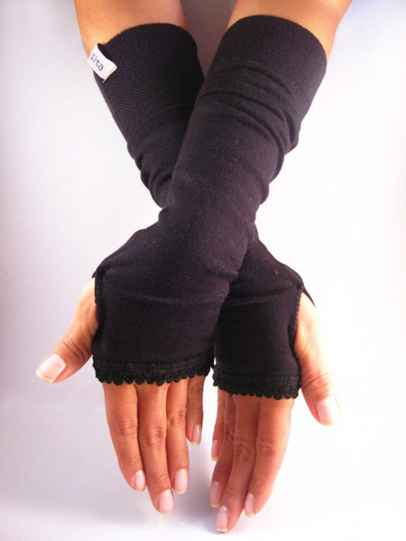 Cuffs, arm warmers with thumb hole black trim image 2