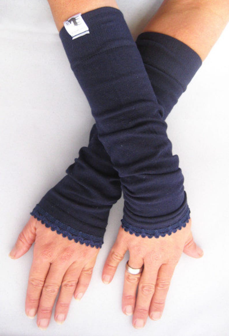 Arm warmers, fingerless gloves in navy blue with blue trim image 1