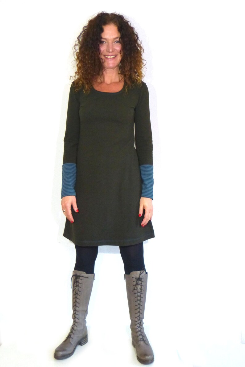 Women's A-shaped dress olive, patterned cotton fleece jersey in petrol, brown stripes image 2