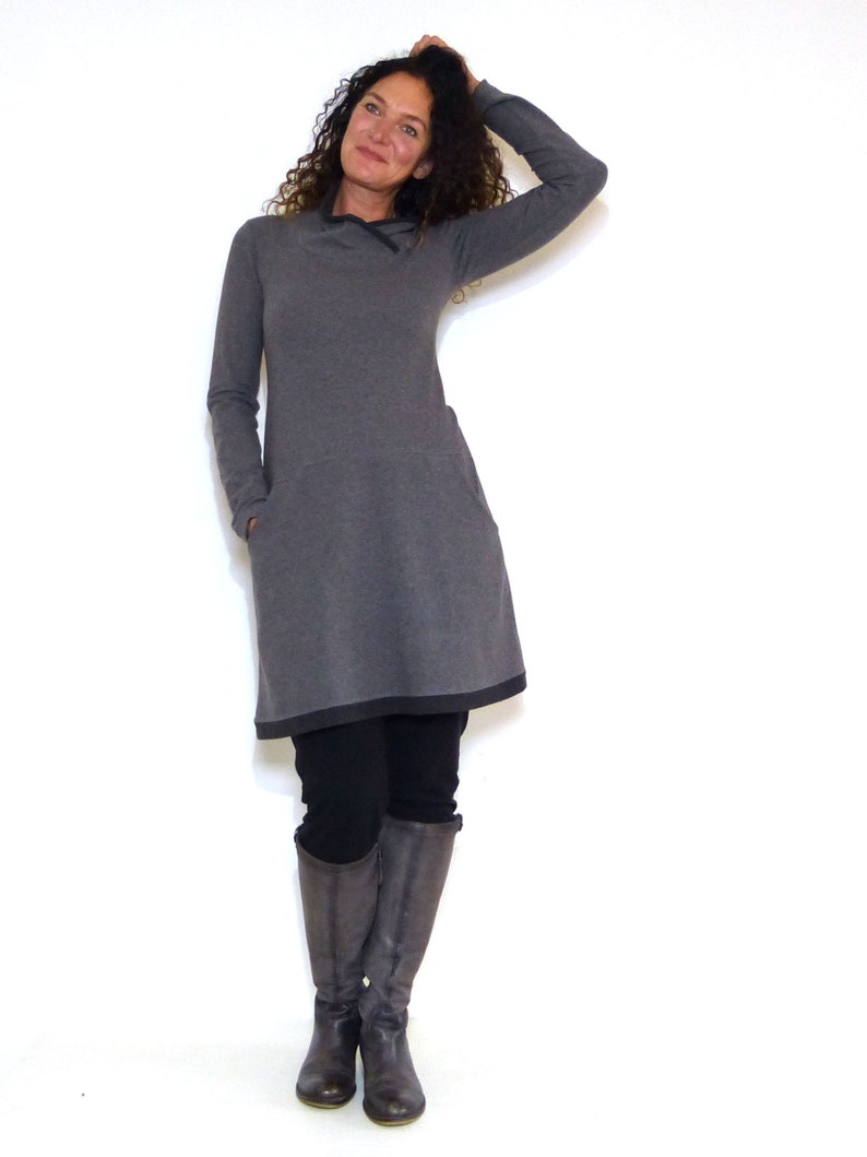 Women's dress with pockets, gray, anthracite with shawl collar image 3