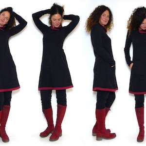 Women's dress with pockets, black, burgundy with shawl collar