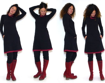 Damenkleid mit Taschen, schwarz, bordeaux mit Schalkragen