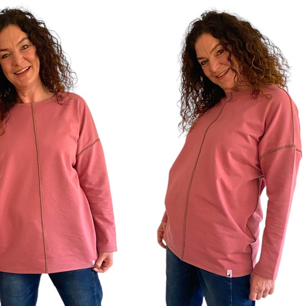 Oversized Shirt, lang in altrosa, mit Ziernähten in oliv