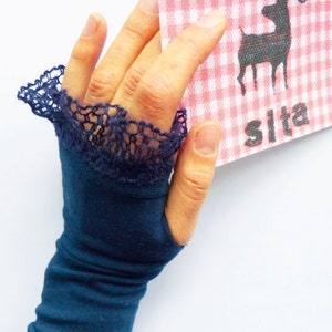 Cuffs, arm warmers with thumb hole navy, ruffle image 1